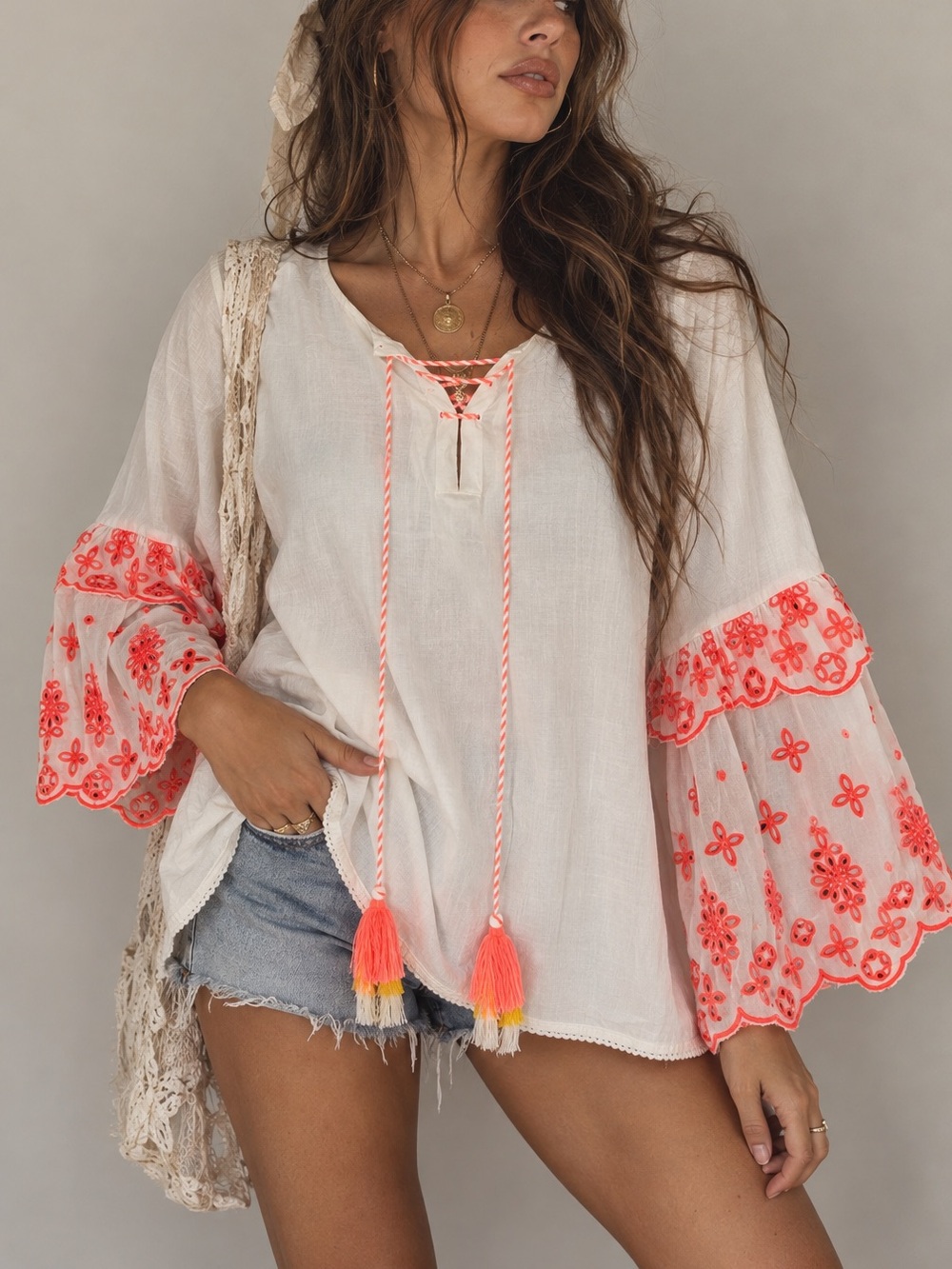 Tunic Top Cotton Coral Whimsigoth Embroidered Bell Sleeve Boho Festival Large